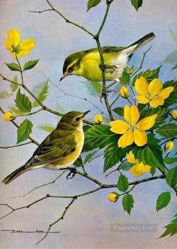 oiseaux et fleurs jaunes Peinture à l'huile